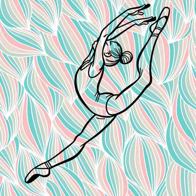 gymnast doing a leap in a leotard with a bent back leg