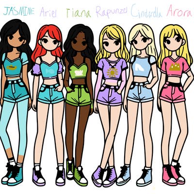 a group of girls wearing crop tops and shorts