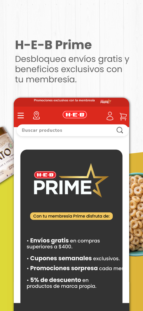 Pantalla de membresía H-E-B Prime listando beneficios como envío gratuito y descuentos exclusivos