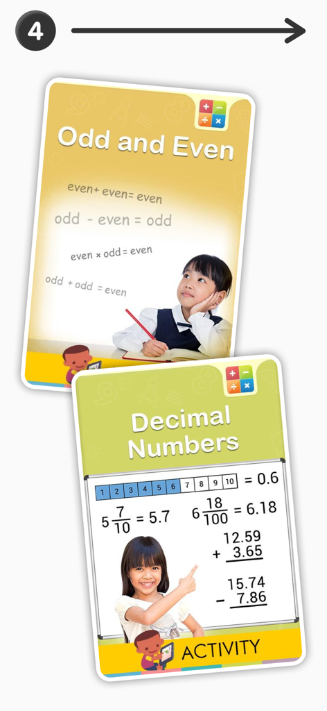 Educational cards for 3rd grade math teaching odd and even numbers and decimals