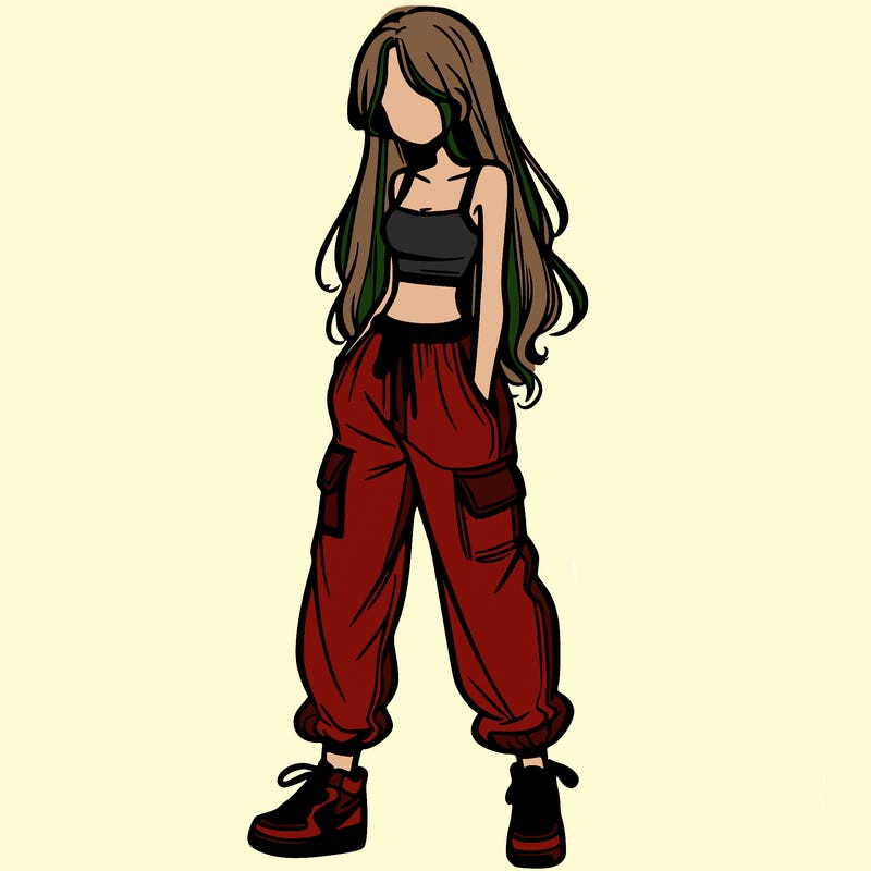 girl in baggy pants crop top and long hair