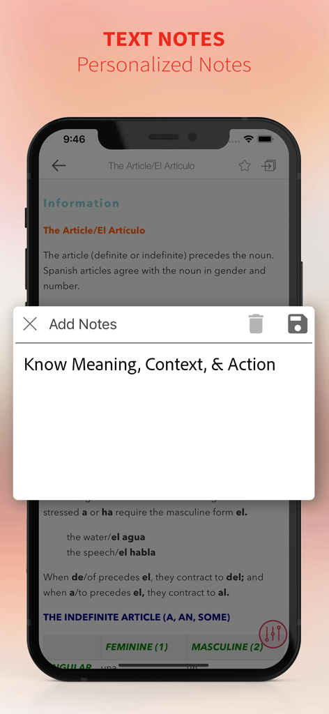 Spanish-English-Spanish Dict - Función de notas de texto personalizadas en la aplicación Diccionario Médico Español-Inglés