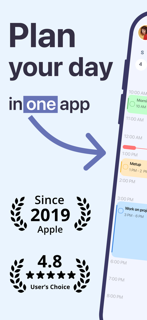 Brite Daily Planner app interface showing a daily schedule with a 4.8 star user rating and the slogan Plan your day in one app.