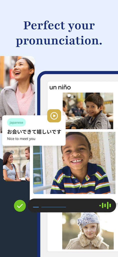Rosetta Stone: Learn Languages - Interfaz de la aplicación Rosetta Stone que muestra práctica de pronunciación con lecciones de japonés y español y retroalimentación de voz.