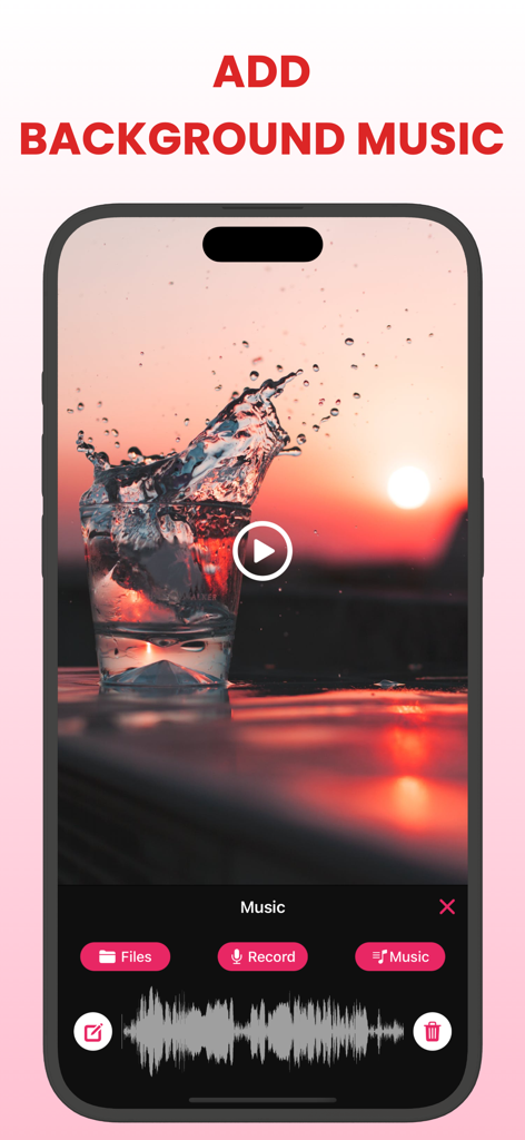 Slow Motion Video FX Editor ® - Interface showing how to add background music to a slow motion video with a sound waveform and import options