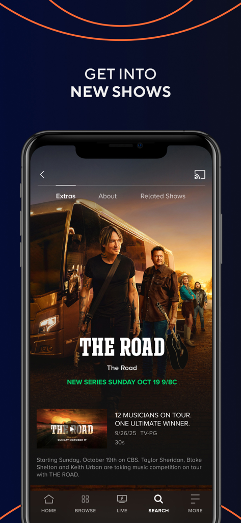 CBS - L'interface de l'application CBS affiche une page promotionnelle pour une nouvelle série intitulée The Road
