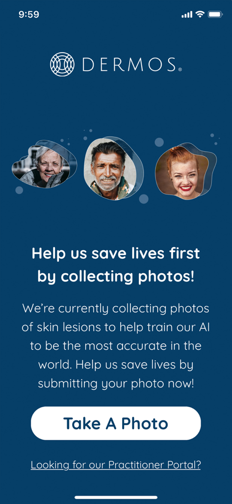 Dermos - Dermos app welcome screen showing a Take A Photo button for users to contribute skin lesion images to AI research.