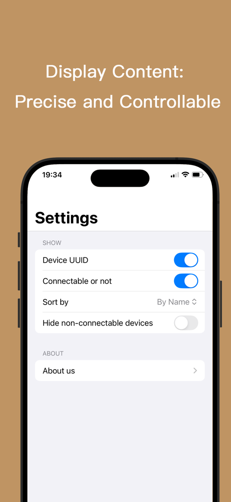 BLE蓝牙助手 - Tela de configurações do aplicativo BLE Debug Assistant com alternâncias para UUID e ordenação de dispositivos