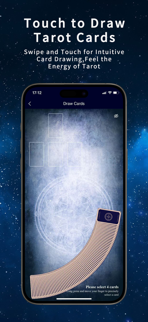Interfaz interactiva de extracción de cartas en la aplicación Asistente de Tarot IA con un mazo digital abanicado y un fondo místico
