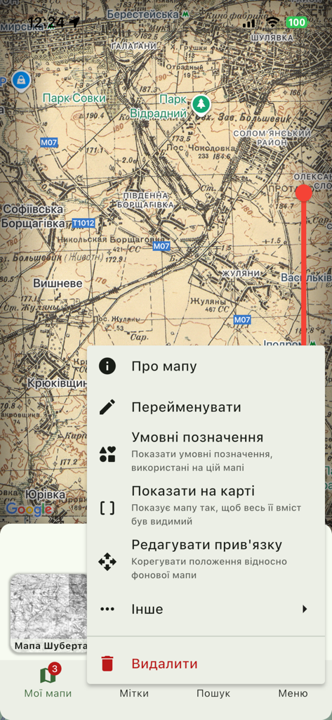 Maps Explorer App-Oberfläche, die eine historische Kartenüberlagerung mit einem Einstellungsmenü zur Kartenverwaltung zeigt