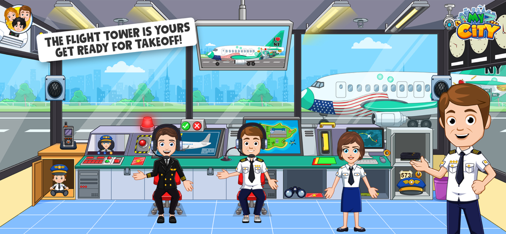 My City: Airport Adventure - 空港の航空管制塔で働くカートゥーンパイロットキャラクターたち