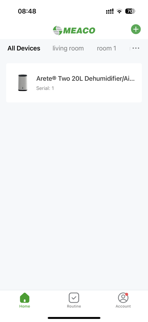 Meaco - Meaco app interface showing a list of connected smart home devices including a dehumidifier.