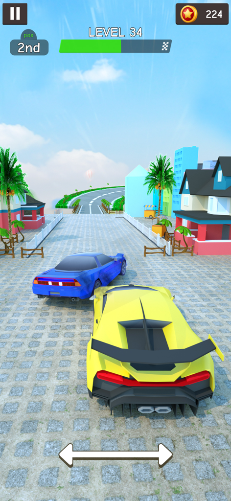 Mega Ramp Car: Stunt Car - Yellow supercar racing behind a blue car on a floating track in Mega Ramp Car Stunt Car