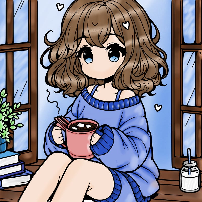 cute anime girl reading book and drinking hot chocolate from mug with loose wavy hair wearing a baggy sweatshirt and shorts sitting by windowsill looking out
