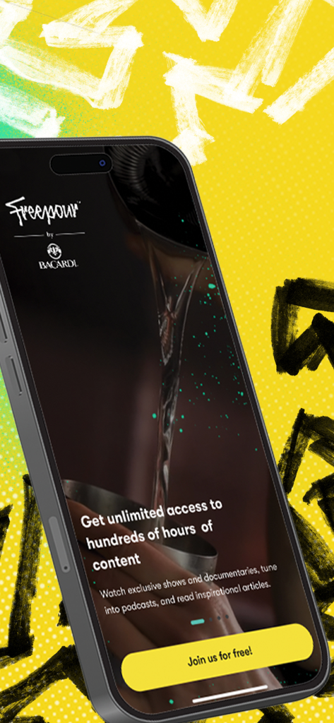 Freepour - For Pro Bartenders - Smartphone screen showing Freepour app with access to bartending videos and podcasts
