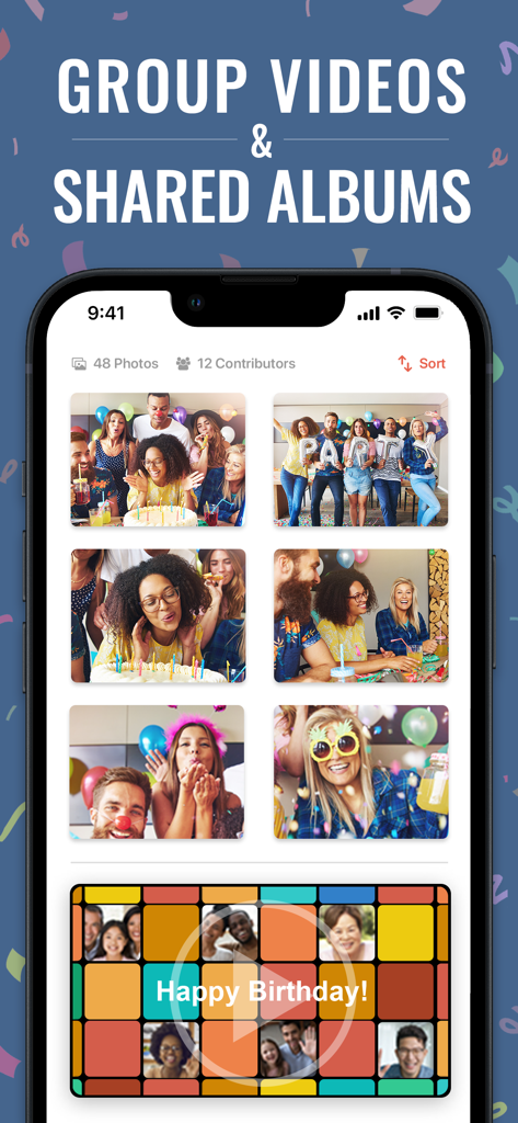 Memento app screen showing a grid of birthday party photos and a group video montage for a celebration.