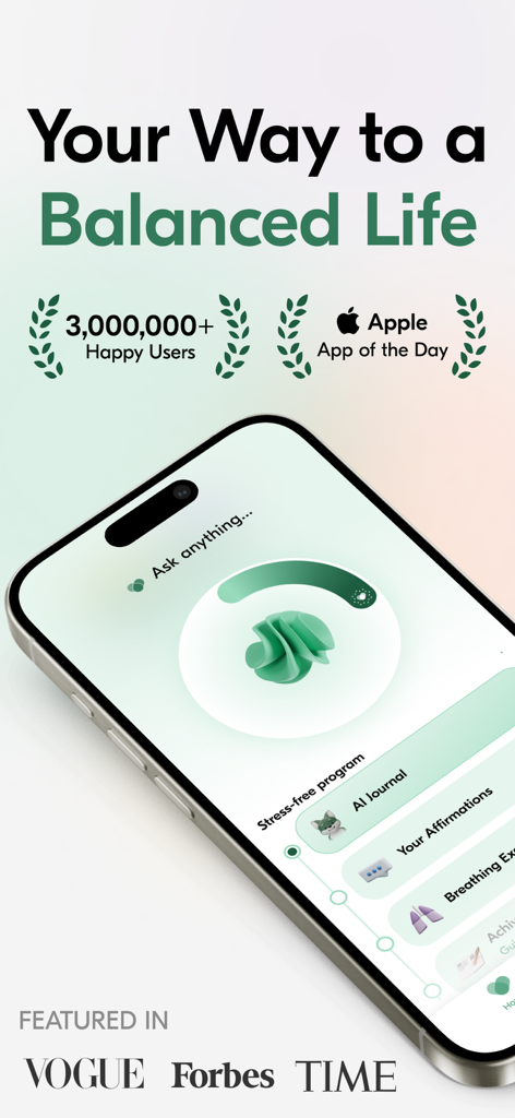 Vogue와 Forbes의 언론 보도와 함께 AI 저널 및 호흡 운동과 같은 기능이 있는 VOS 정신 건강 앱을 보여주는 iPhone 화면