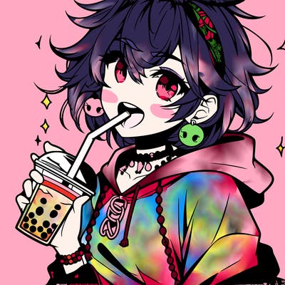 hot baddie anime girl drinking boba and biting the straw
