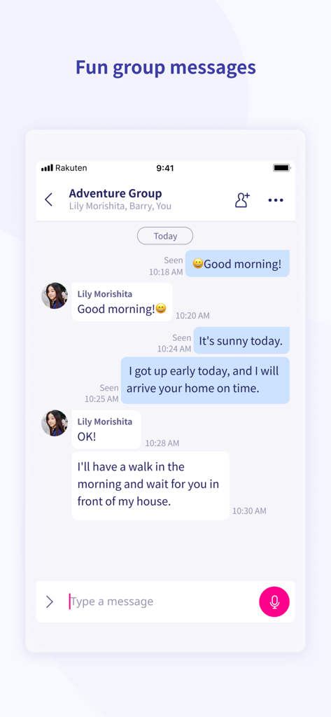 Screenshot of the Rakuten Link app showing a group chat interface with the title Fun group messages.