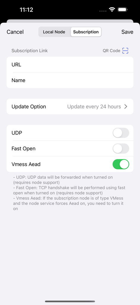 Loon Lite - Pantalla de configuración de suscripción de Loon Lite para la configuración del protocolo proxy
