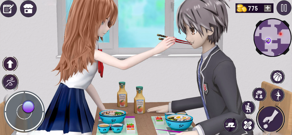 Anime High School Girl Sim - Anime girl character feeding a boy with chopsticks in a dating simulation scene.
