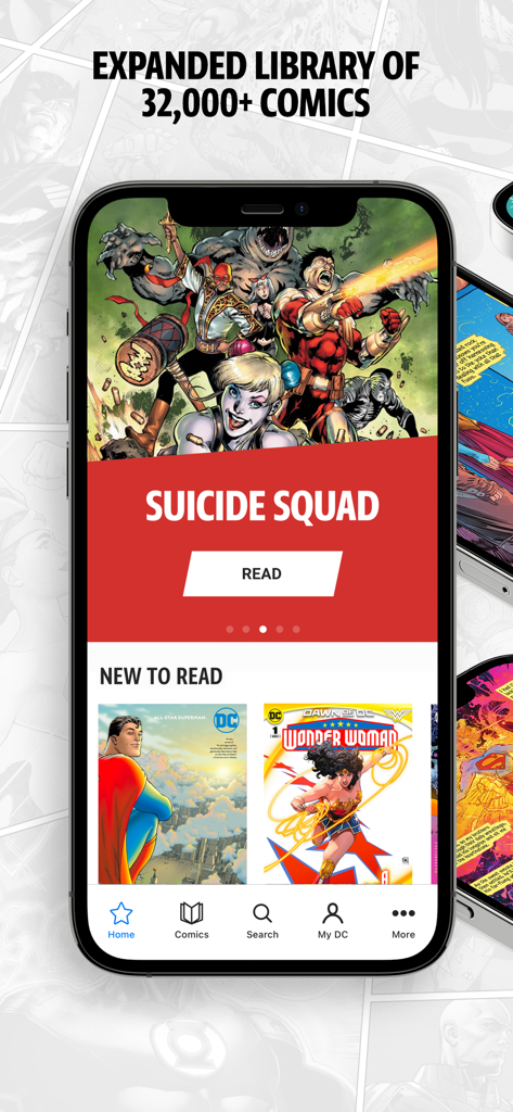 DC UNIVERSE INFINITE - Schermata iniziale dell'app DC UNIVERSE INFINITE con il fumetto di Suicide Squad e una libreria di 32000 titoli