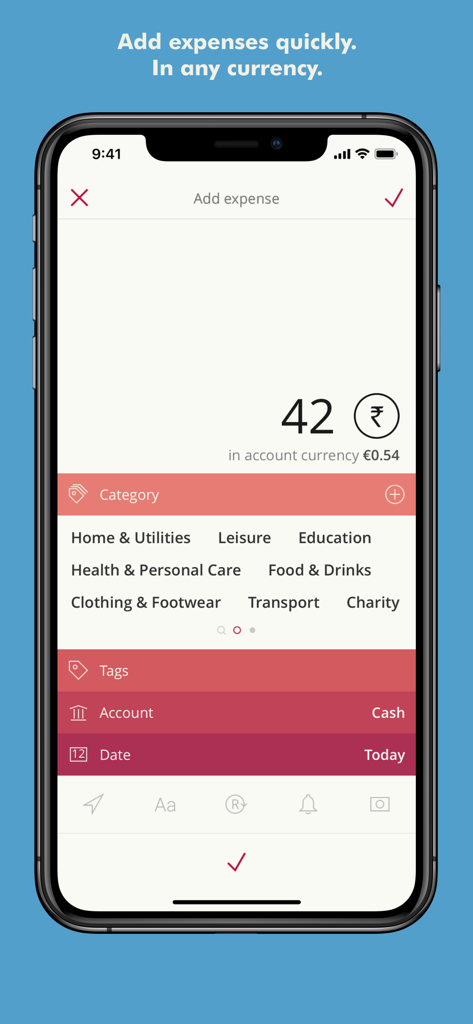 Toshl Finance - Best Budget - Toshl Finance mobile app interface showing the add expense screen with multi-currency support and budget categories.