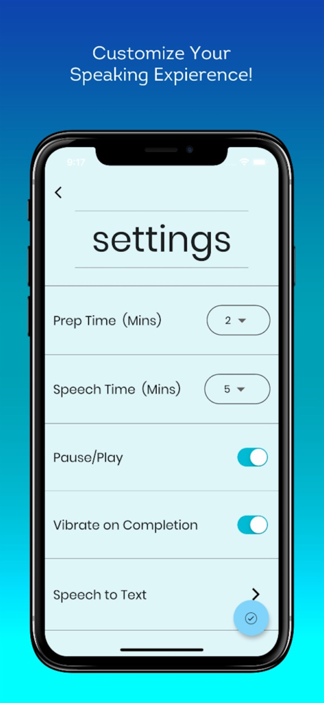 Settings screen for the Impromptu Generator app showing options for prep time and speech time customization