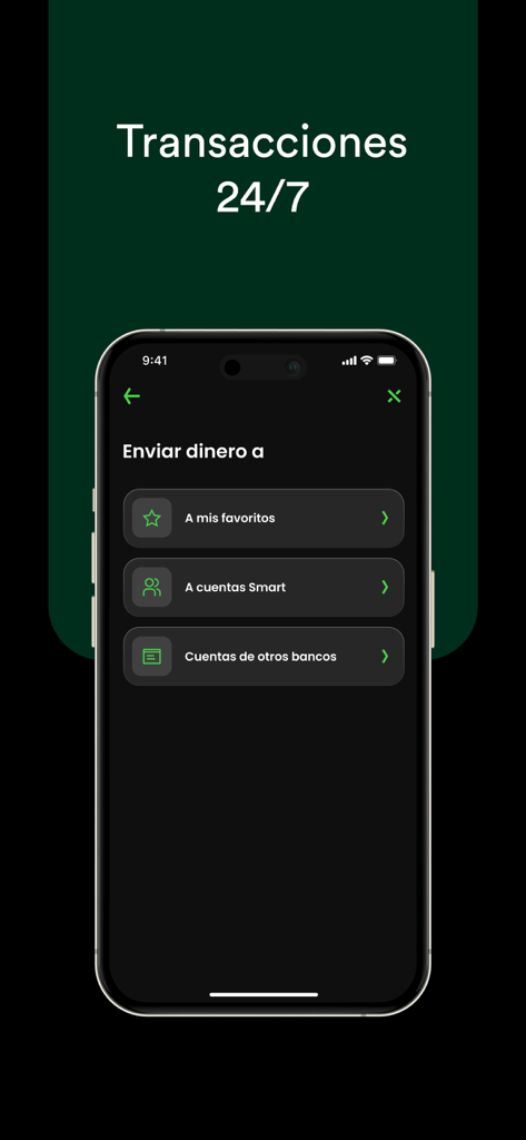 MultiMoney mobile app screen showing money transfer options to favorites and other banks in Spanish