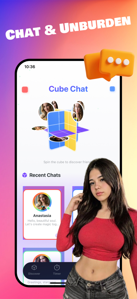 Cubely - Cubely app interface featuring 3D cube chat discovery and AI character profiles