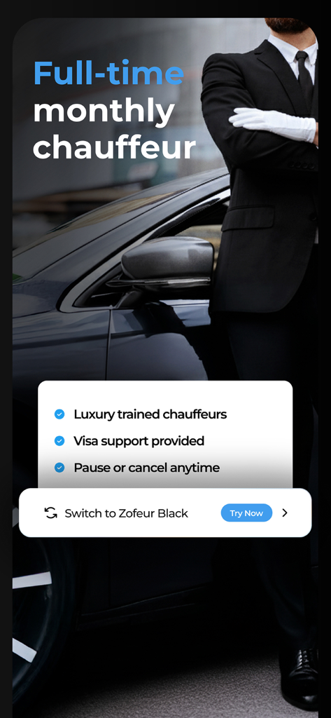 Zofeur - Hire a Safe Driver. - Professional chauffeur in a black suit and white gloves standing next to a luxury car for the Zofeur monthly service