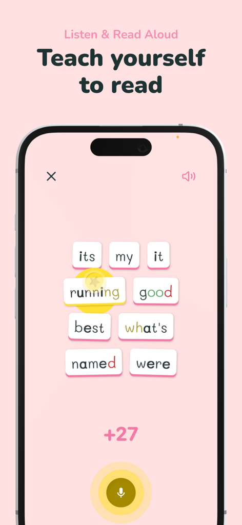 KOBI - Happy Reading - KOBI App-Oberfläche zeigt interaktive Wortkacheln wie 'running' und 'good' mit einem Mikrofon-Symbol für sprachgestütztes Lesen