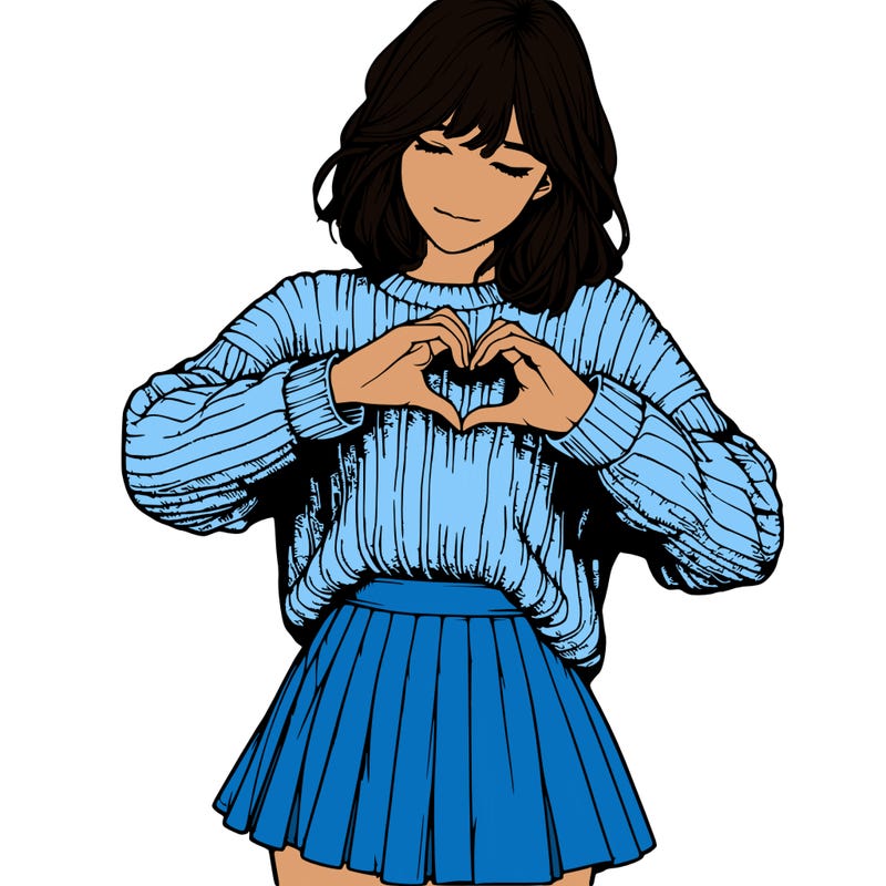 realistic girl in sweater and skirt making a heart with her hands