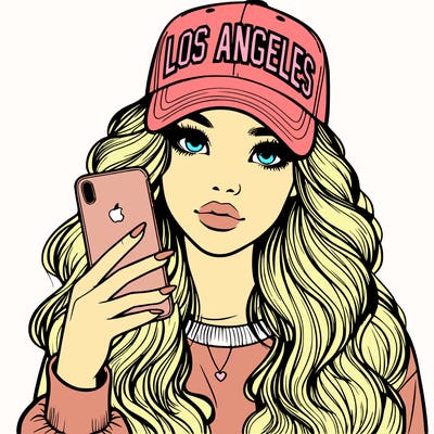 realistic beautiful girl wearing los ángeles cap holding an iphone