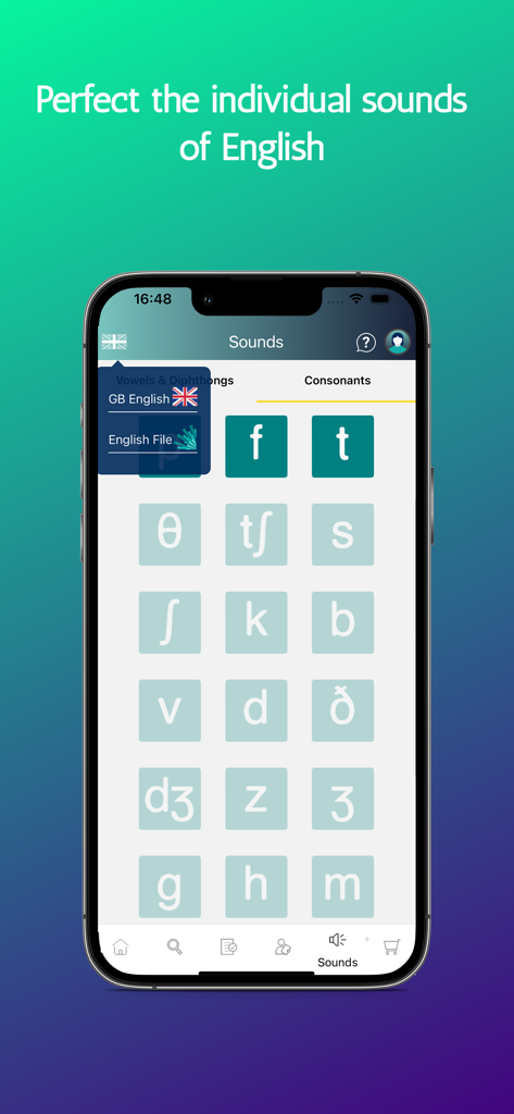 Say It: English Pronunciation - Un'interfaccia mobile che mostra una libreria di suoni consonantici inglesi con simboli fonetici per la pratica della pronuncia.