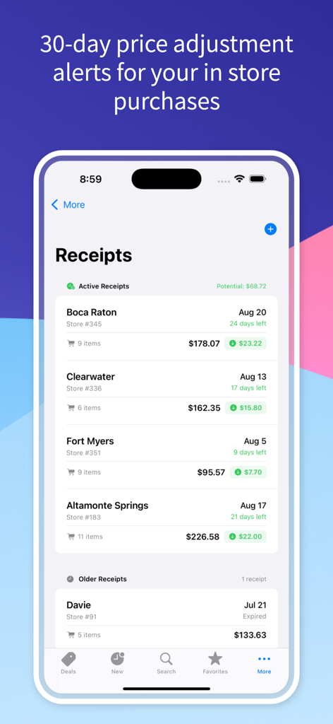 Warehouse Runner mobile app screen showing imported receipts with 30-day price adjustment countdowns and potential savings alerts.