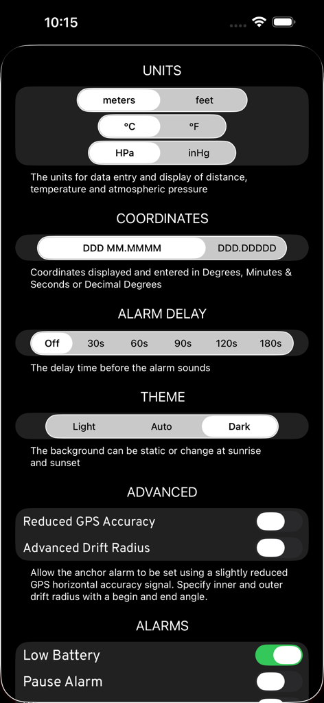 Anchor Plus app settings interface for marine navigation and anchor alarm configuration