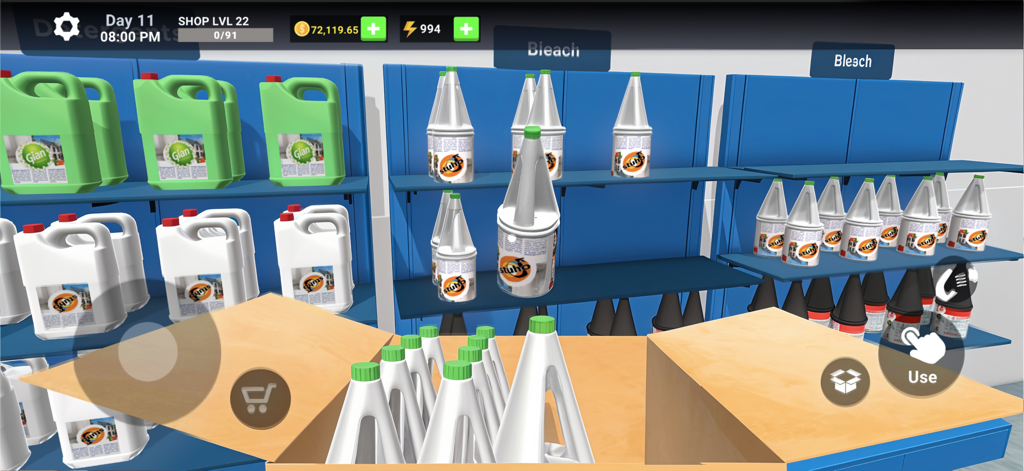 Eine Egoperspektive eines Spielers, der in der Wäscherei-Manager-Simulation Produkte in Regalen einräumt.