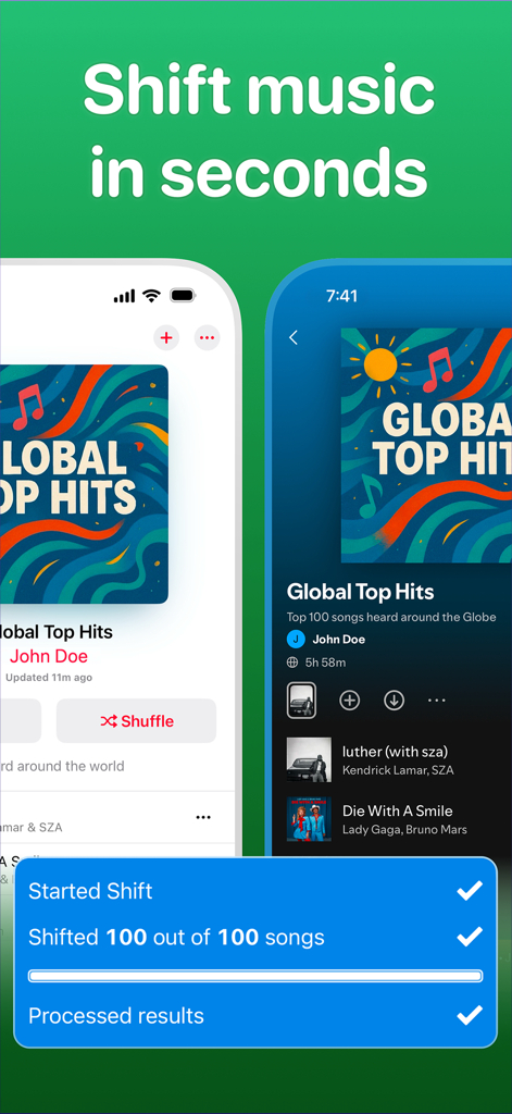 100曲の音楽プレイリスト転送が成功したことを示すSongShiftアプリのインターフェース