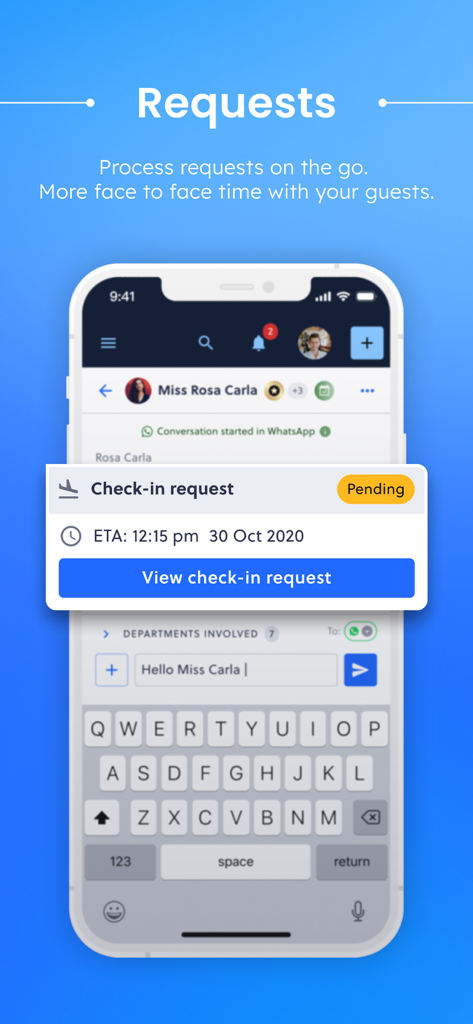 Alliants Staff App - Alliants Staff App interface displaying a pending guest check-in request and mobile messaging for hotel staff