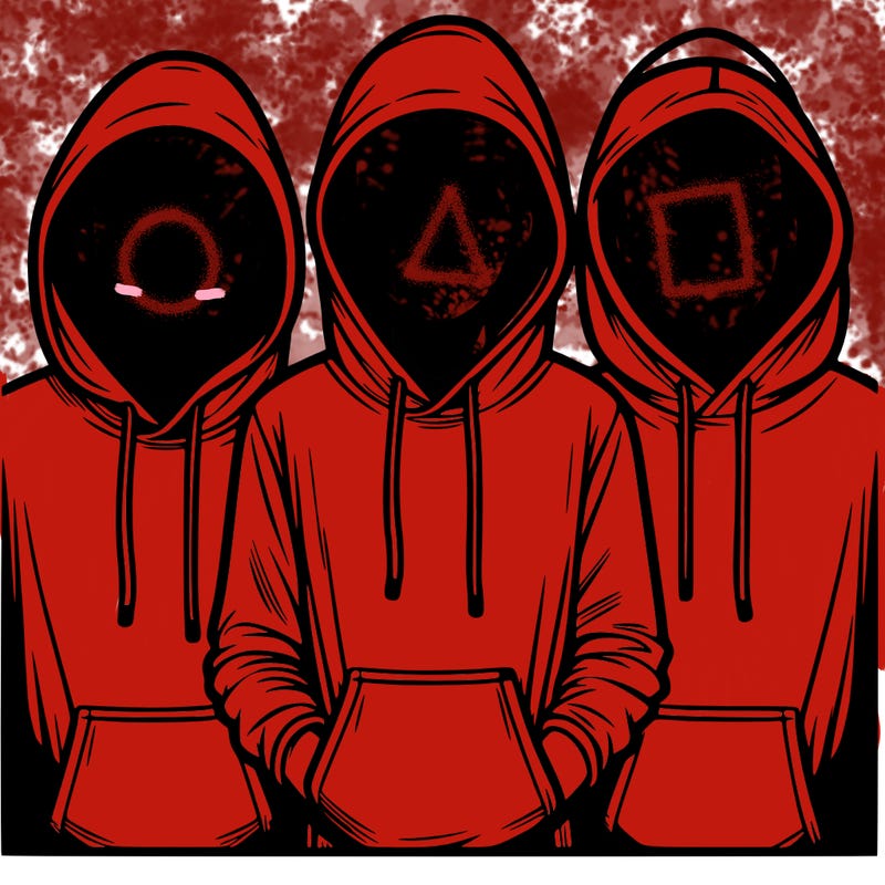 3 faceless people in  hoodies