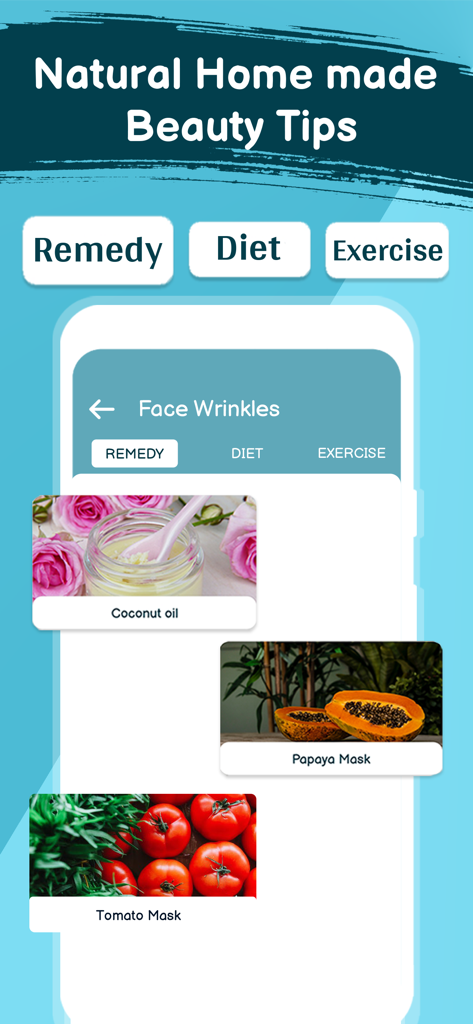 Aplicación Daily Beauty Care que muestra remedios caseros naturales para arrugas faciales, incluyendo mascarillas de aceite de coco y papaya