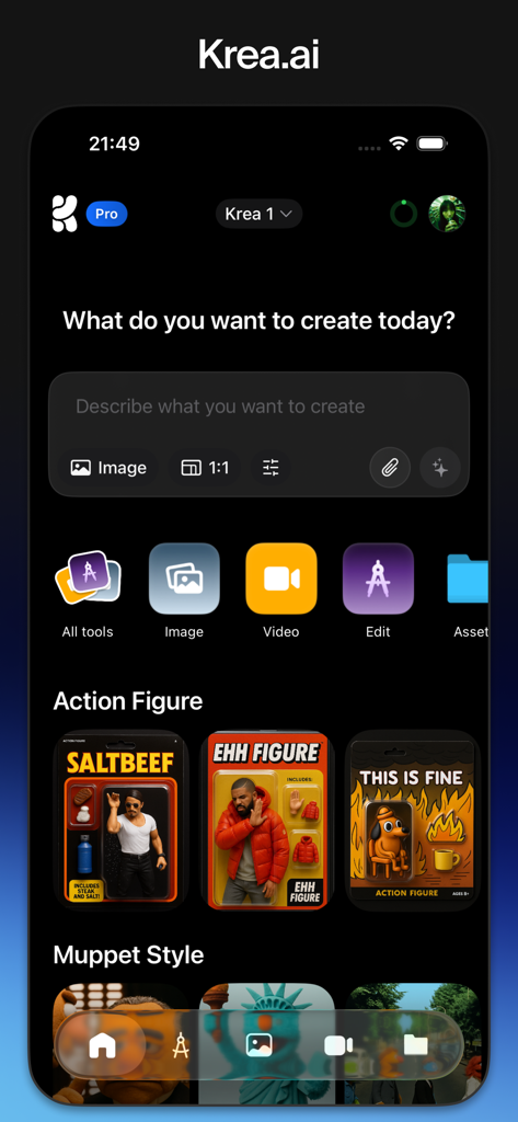 Interface de l'application mobile Krea IA montrant les outils créatifs et les préréglages de génération d'images.