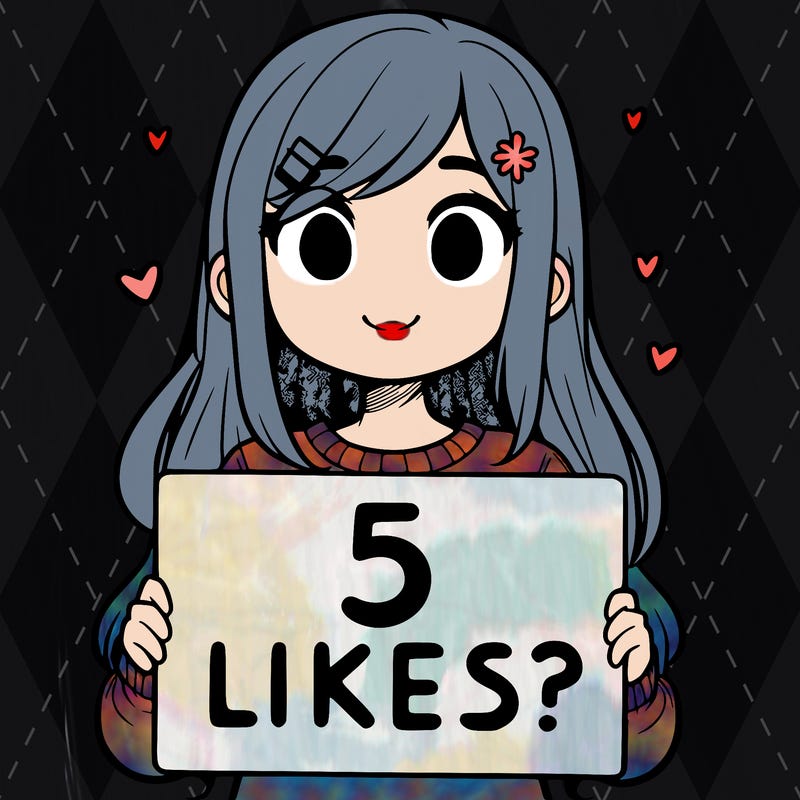 girl holding a sign that says 5 likes?
