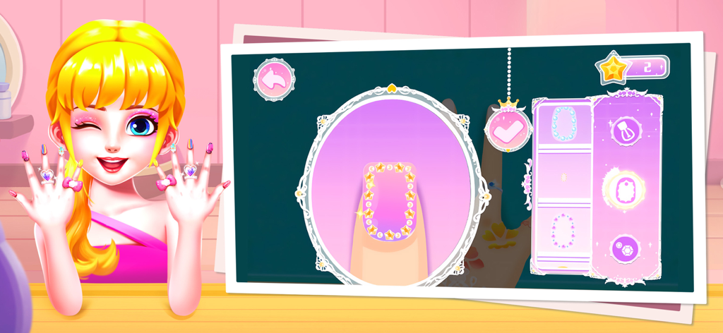 Baby Panda's City - A girl character showing decorated nails and a star pattern nail art interface