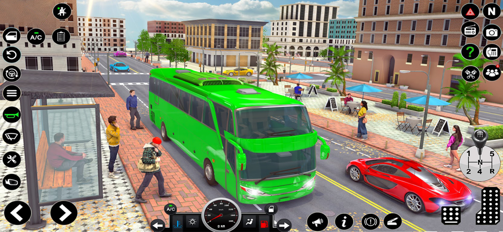 Coach City Bus Simulator Games - Green coach bus picking up passengers at a city stop with visible mobile game controls