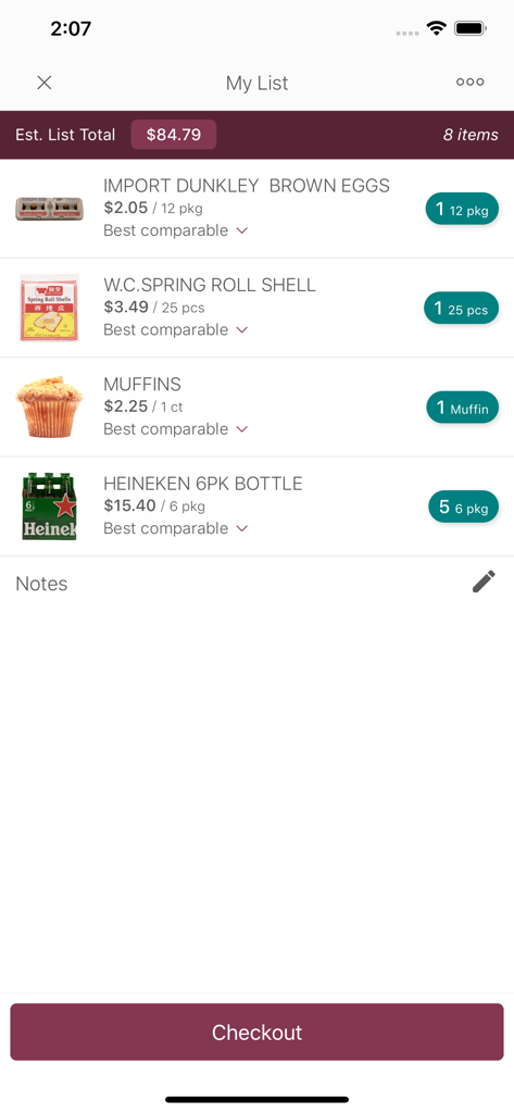 Schermata della lista della spesa dell'app The MarketPlace Bermuda che mostra gli articoli della spesa e il pulsante di pagamento