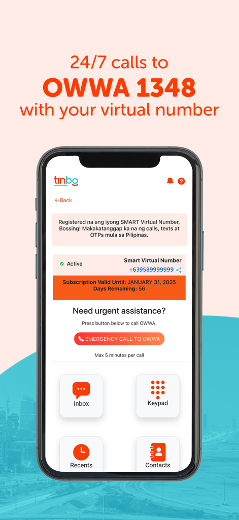 TinBo (Tindahan ni Bossing) - TinBo mobile app interface displaying an active Smart Virtual Number and an emergency call button for OWWA assistance.