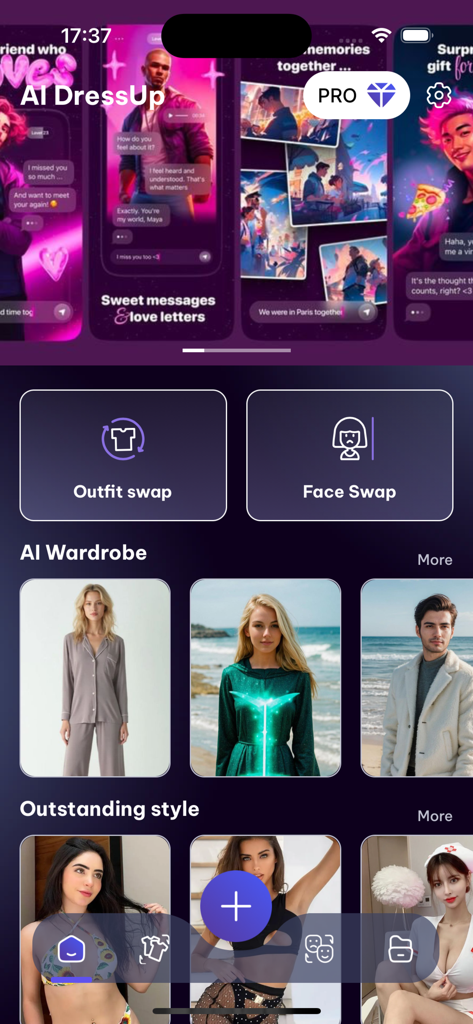 AI DressUp - Fashion TryOn - AI DressUp app home screen displaying outfit swap and face swap options with an AI wardrobe gallery