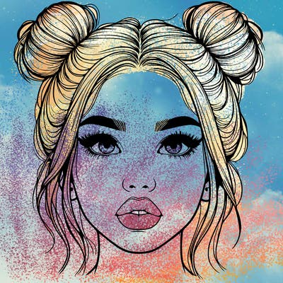 realistic girl with two buns on her hair and lips